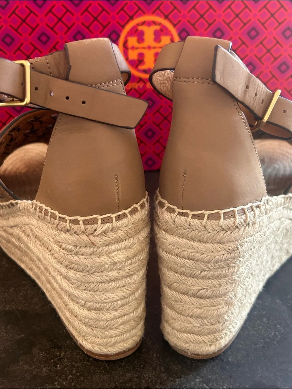 Tory Burch Brown Woven Espadrille Ankle-Strap Wedge Sandals